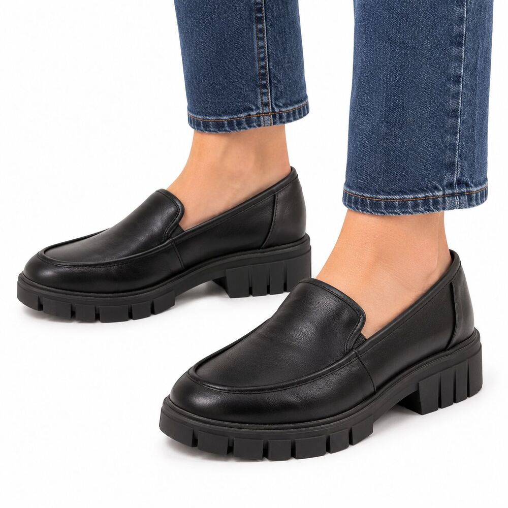 Madden NYC Women's Black Chunky Lug Sole Loafers Slip-On Shoes Size 10
